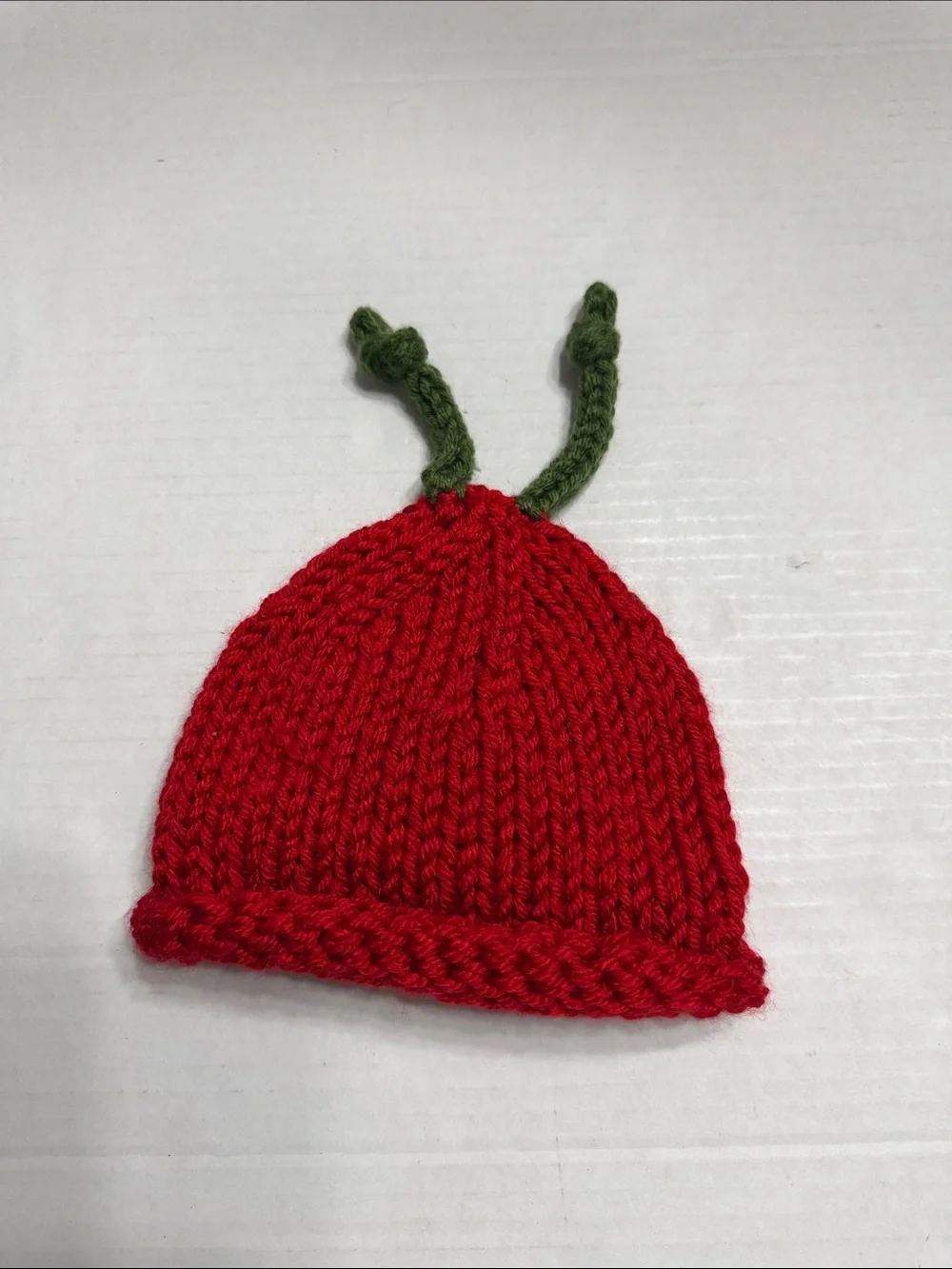 Red Knit Kids Beanie with Yellow Eye Detail and Green Antennae